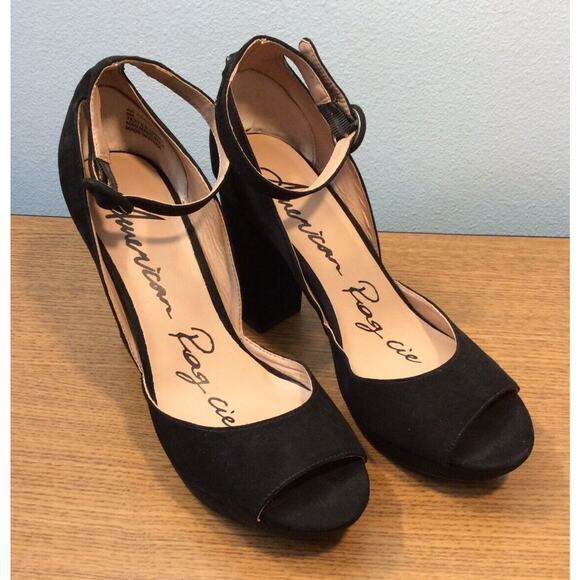 American Rag Areetafr Womens Size 8 Ankle Strap Black Chunky High Heels Open Toe - Picture 1 of 6